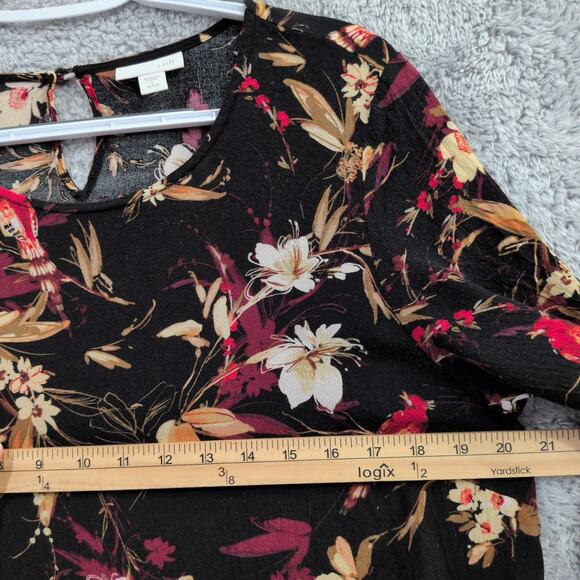 J Jill Top Women's Large Petite LP Black Floral 3/4 Bell Sleeve V Neck Peasant - Picture 7 of 13